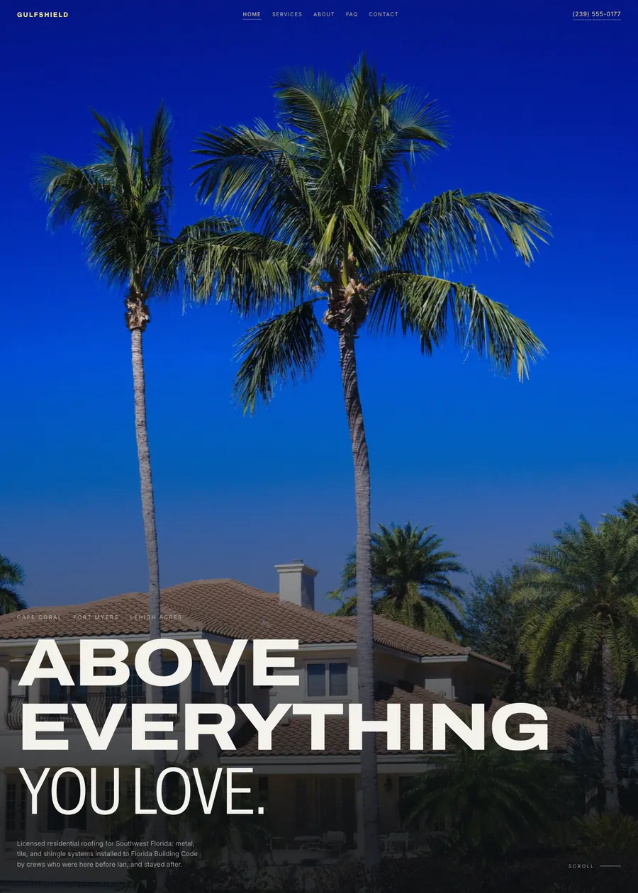 The same company's rebuilt website: palm trees against a blue sky and the headline Above everything you love