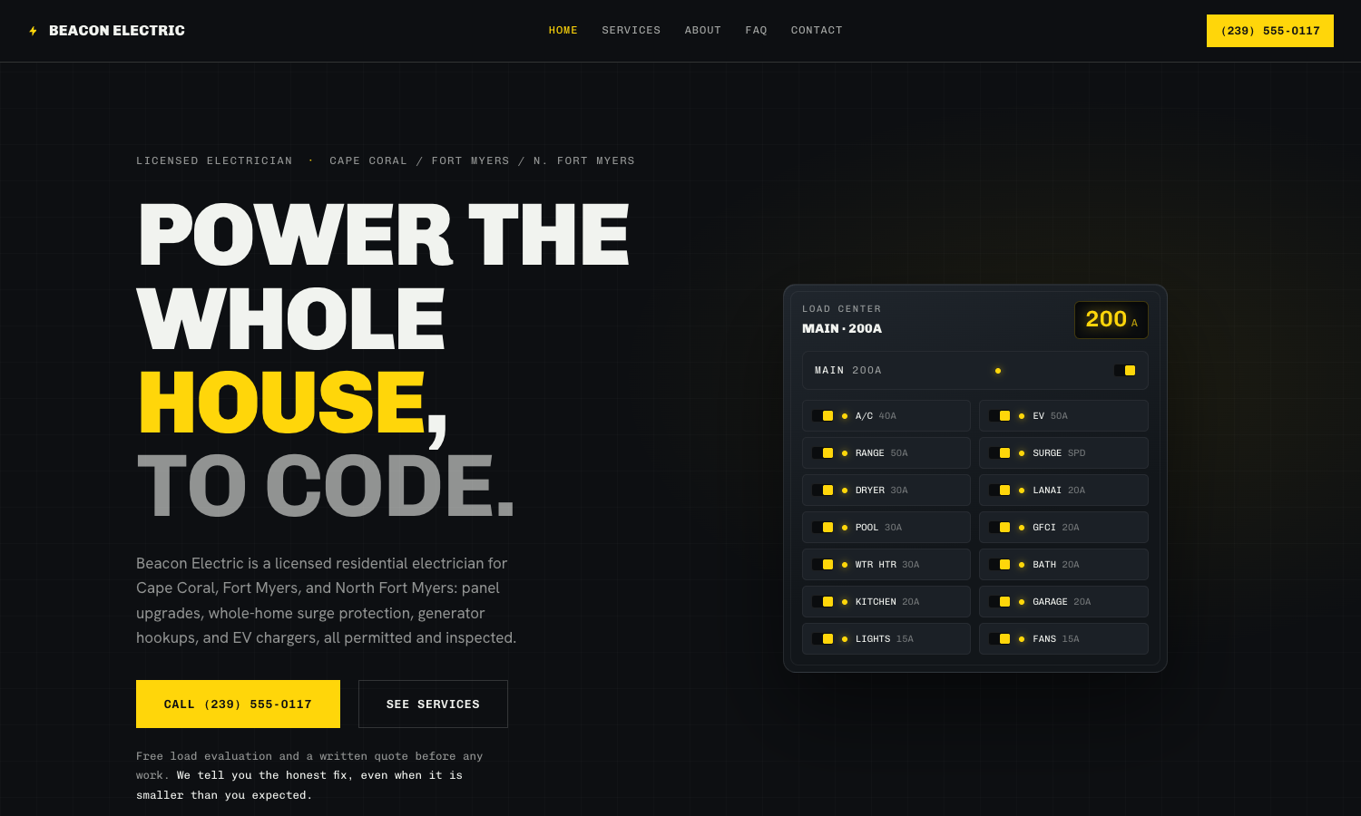Beacon Electric demo website: dark page with a live breaker panel