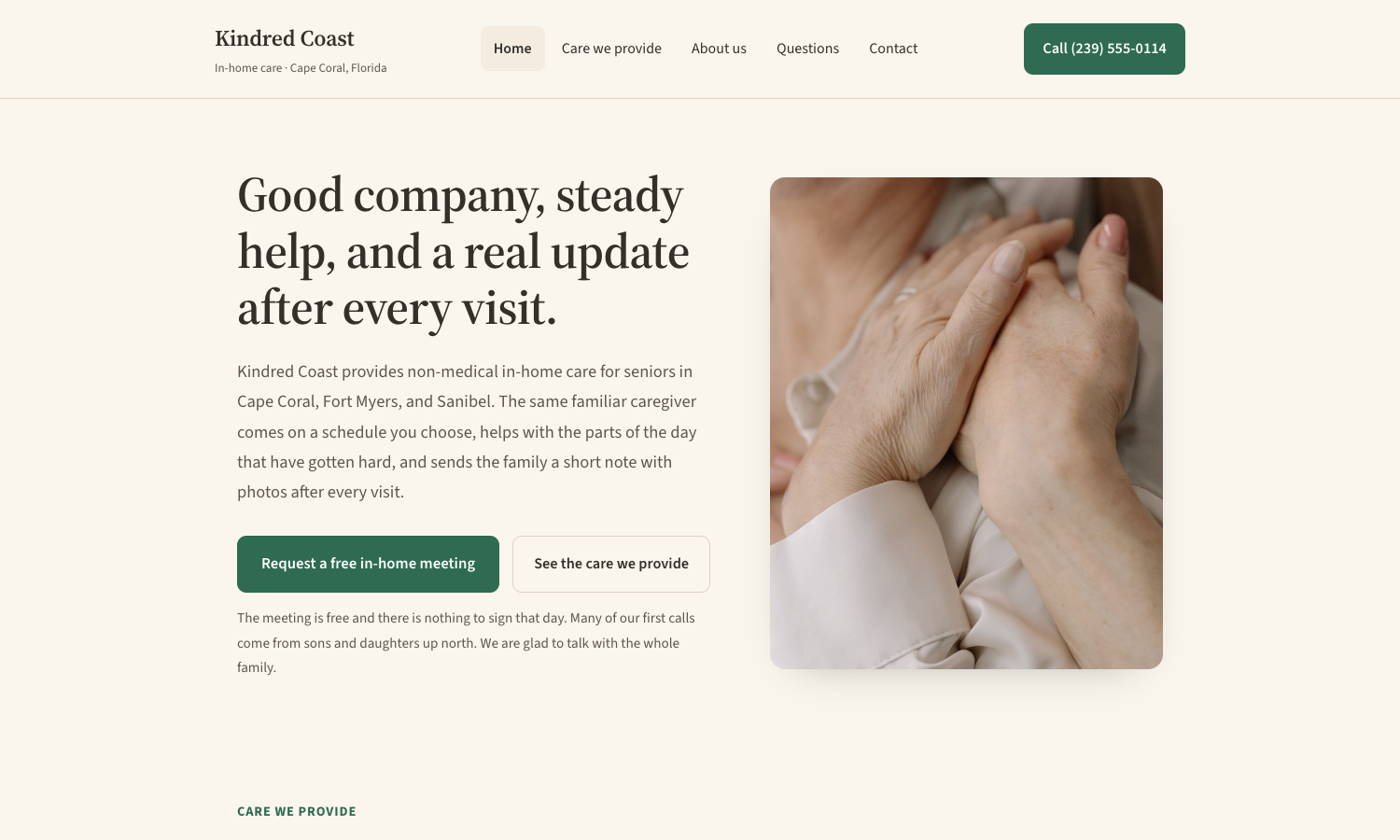 Kindred Coast demo website: warm cream page with calm serif type